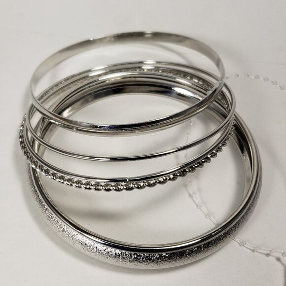 Set of 5 Textured Silver tone Bold Bangle Bracelets - Women's Fashion Jewelry - Picture 5 of 8